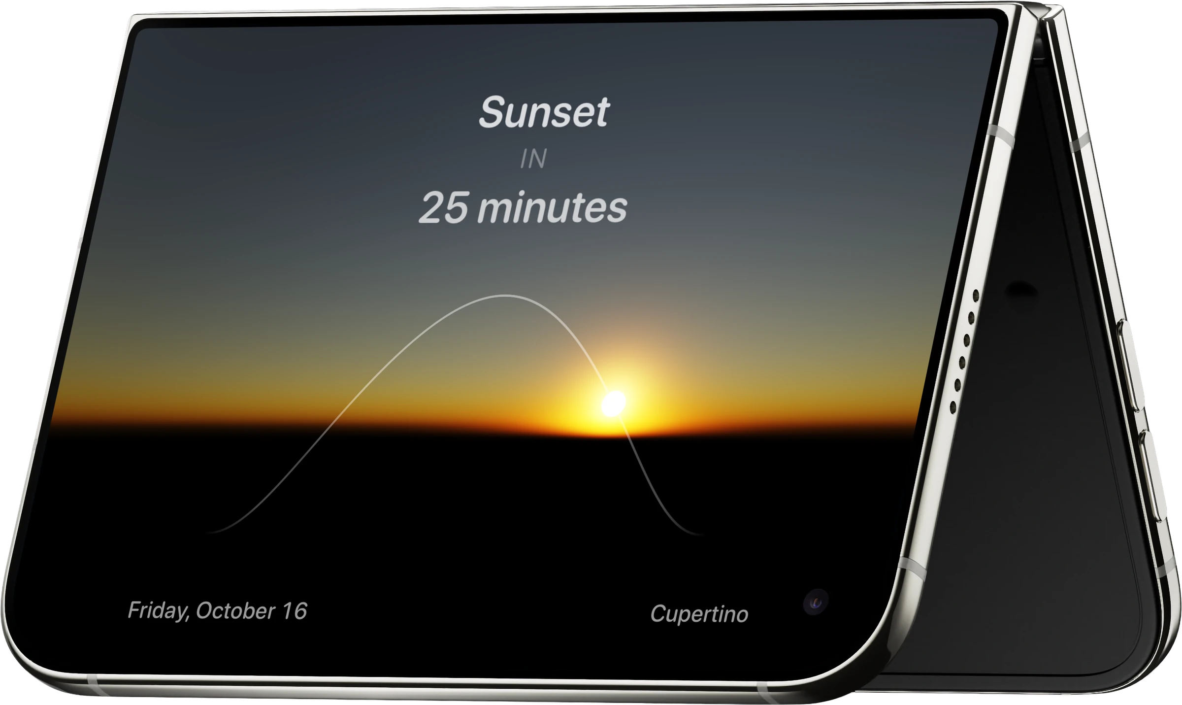 Glance on iPhone Duo standing on a desk: sunset in 25 minutes, Friday, October 16, Cupertino