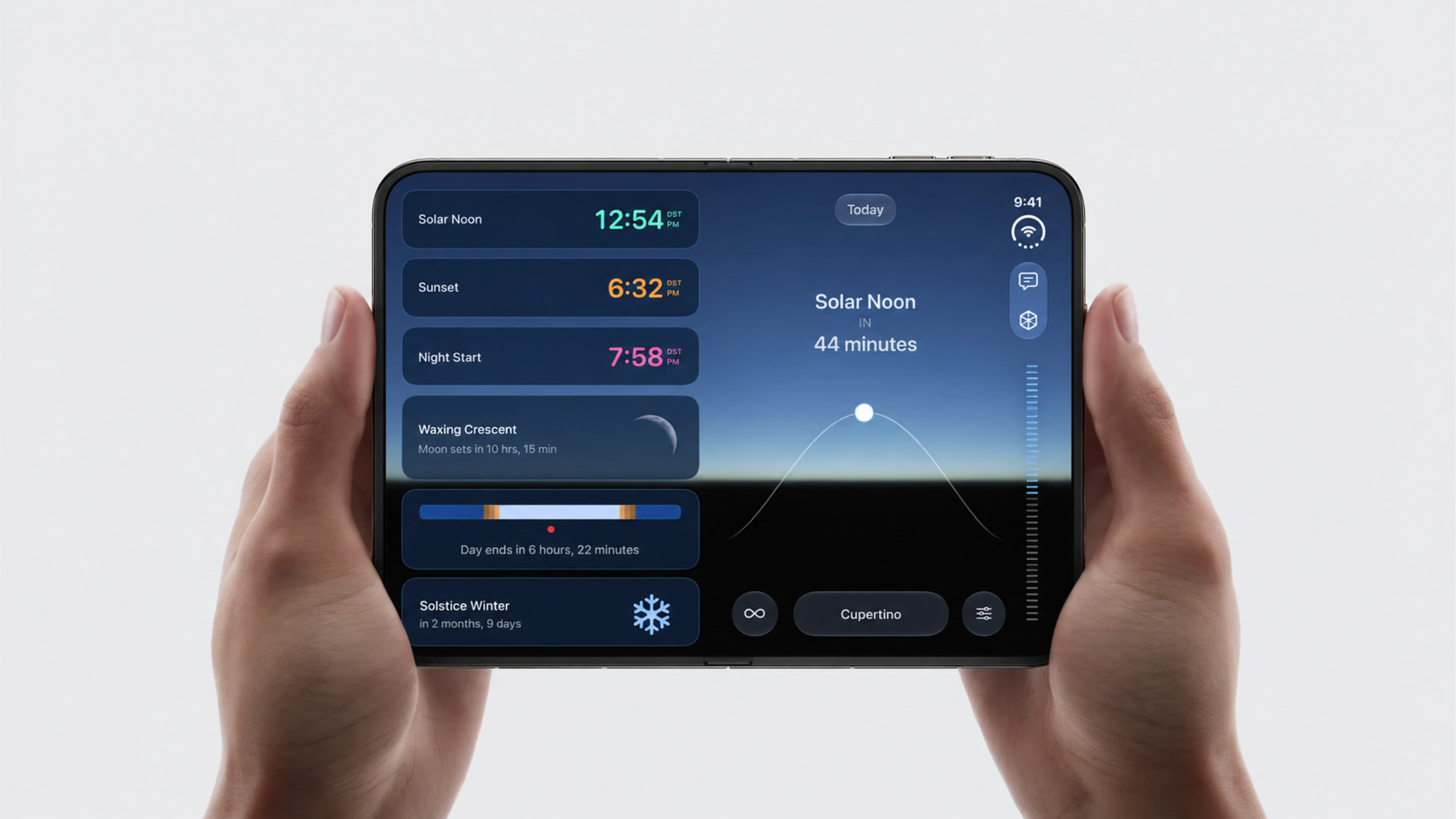Lumy on the open iPhone Duo held in two hands: solar noon in 44 minutes, with sun event cards beside the sky